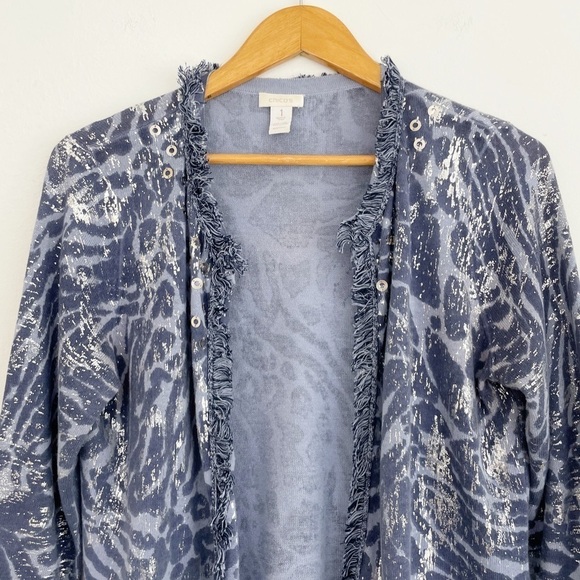 Chico’s Blue Linen Foiled Animal Frankie Fringe Open Front Cardigan Size M - Picture 5 of 16